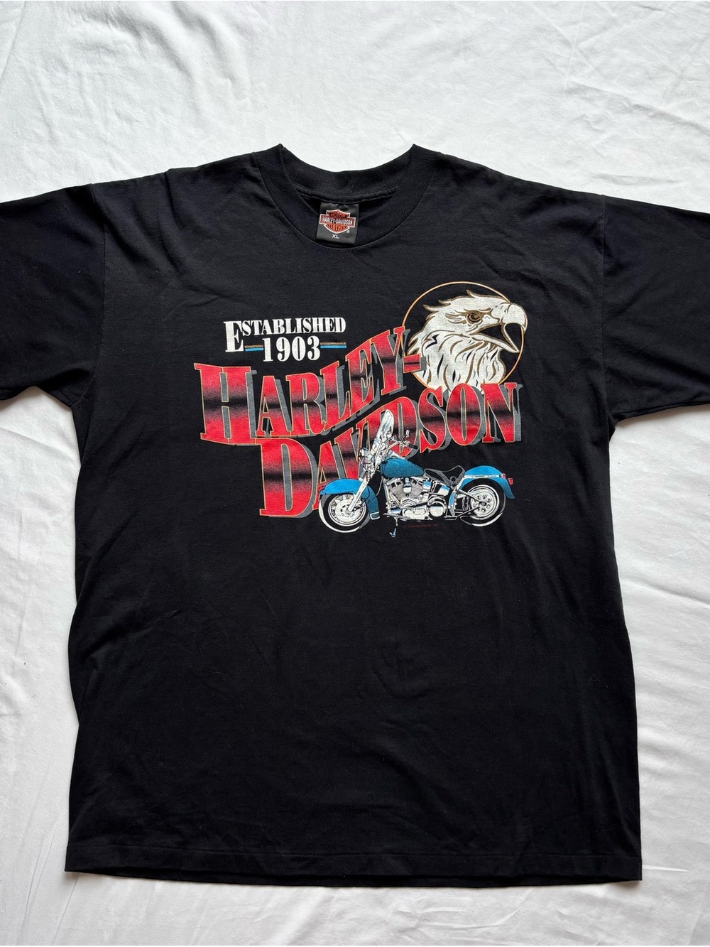 Harley-Davidson Black Tee with Red Logo, Blue Motorcycle & White Eagle